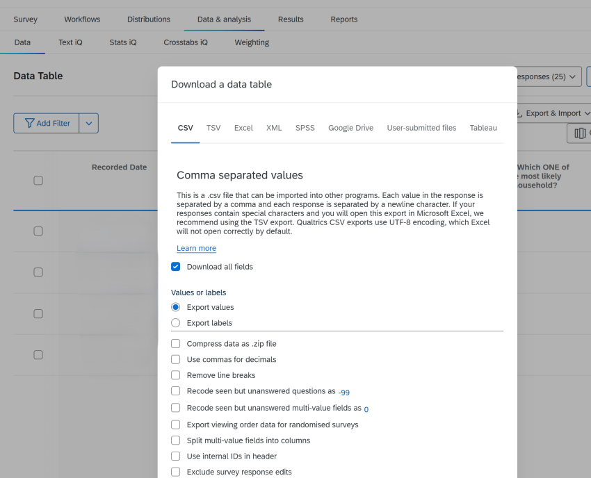 Qualtrics CSV export dialog showing the CSV tab selected and Export values ticked.