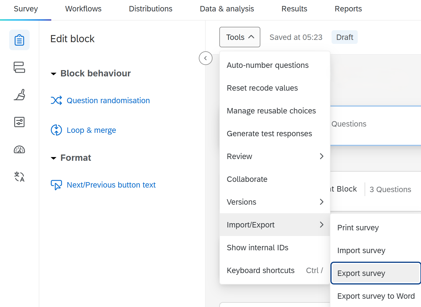Qualtrics Survey tab showing Tools > Import/Export > Export survey.
